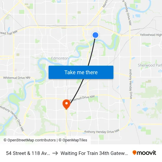 54 Street & 118 Avenue to Waiting For Train 34th Gateway Blvd. map