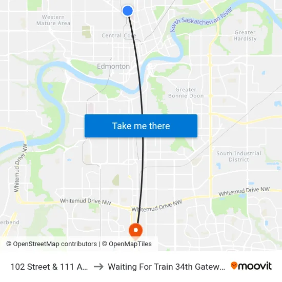 102 Street & 111 Avenue to Waiting For Train 34th Gateway Blvd. map