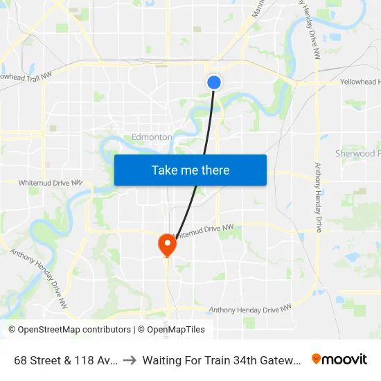 68 Street & 118 Avenue to Waiting For Train 34th Gateway Blvd. map