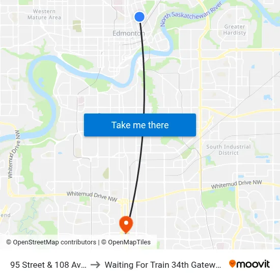 95 Street & 108 Avenue to Waiting For Train 34th Gateway Blvd. map