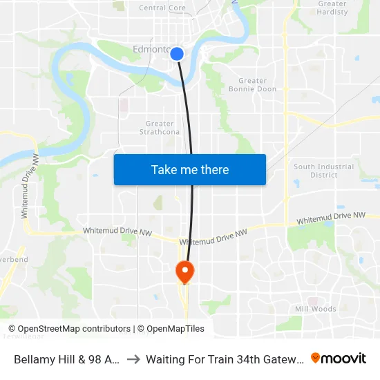 Bellamy Hill & 98 Avenue to Waiting For Train 34th Gateway Blvd. map
