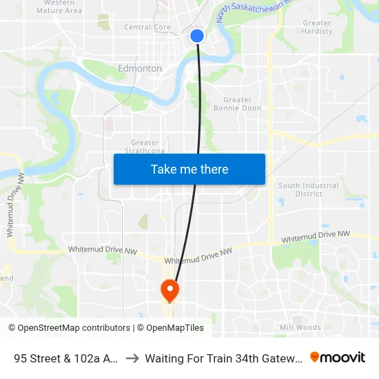 95 Street & 102a Avenue to Waiting For Train 34th Gateway Blvd. map