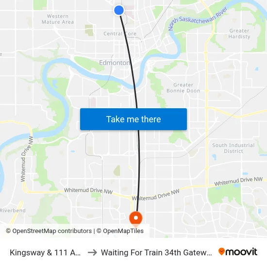 Kingsway & 111 Avenue to Waiting For Train 34th Gateway Blvd. map