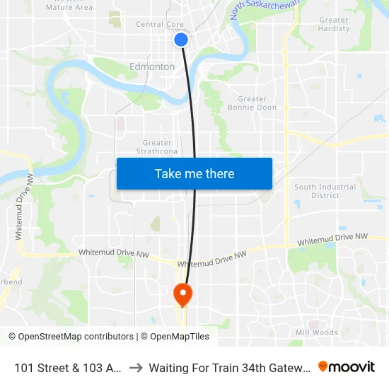 101 Street & 103 Avenue to Waiting For Train 34th Gateway Blvd. map