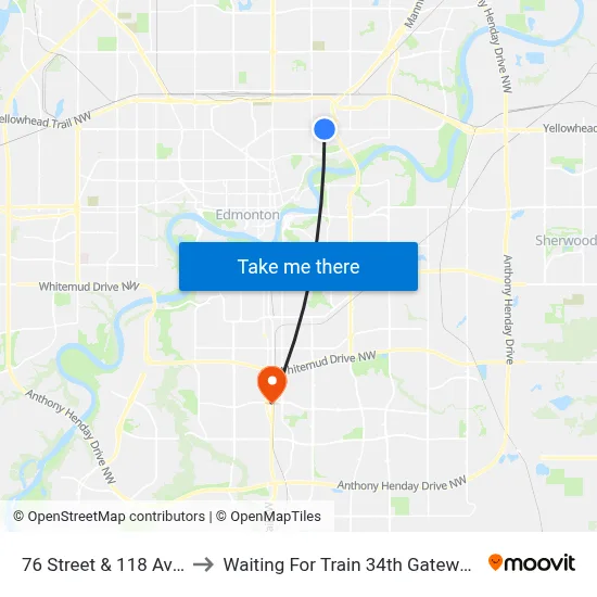 76 Street & 118 Avenue to Waiting For Train 34th Gateway Blvd. map
