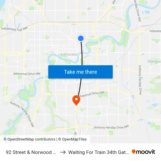 92 Street & Norwood Boulevard to Waiting For Train 34th Gateway Blvd. map