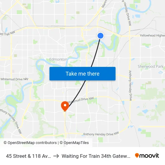 45 Street & 118 Avenue to Waiting For Train 34th Gateway Blvd. map