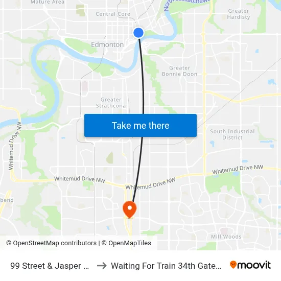 99 Street & Jasper Avenue to Waiting For Train 34th Gateway Blvd. map