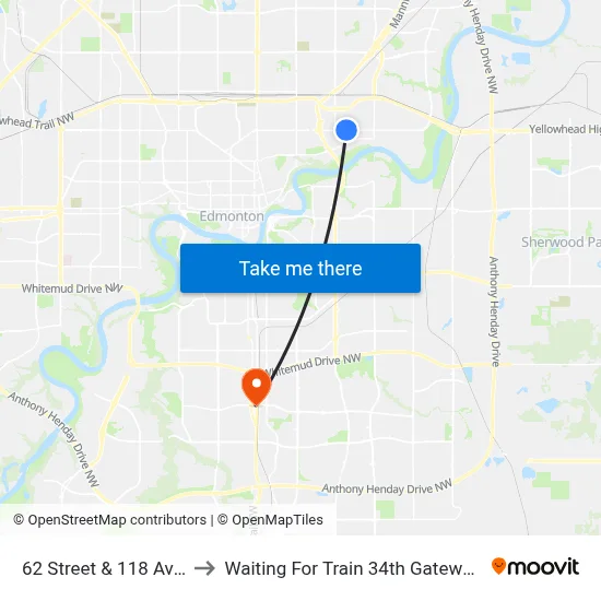 62 Street & 118 Avenue to Waiting For Train 34th Gateway Blvd. map