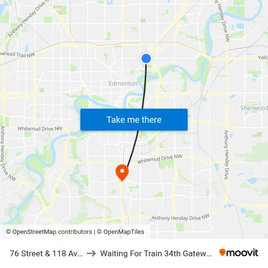 76 Street & 118 Avenue to Waiting For Train 34th Gateway Blvd. map