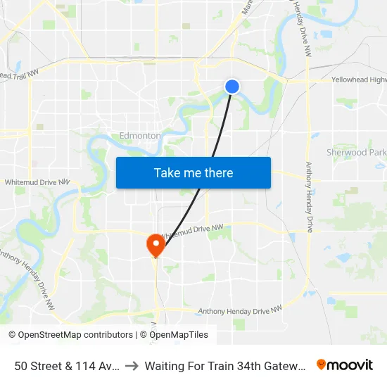 50 Street & 114 Avenue to Waiting For Train 34th Gateway Blvd. map