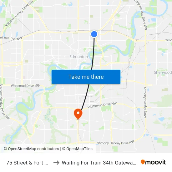 75 Street & Fort Road to Waiting For Train 34th Gateway Blvd. map