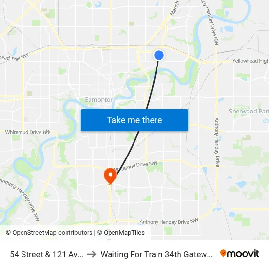 54 Street & 121 Avenue to Waiting For Train 34th Gateway Blvd. map