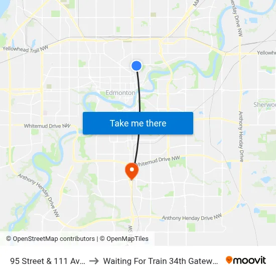 95 Street & 111 Avenue to Waiting For Train 34th Gateway Blvd. map