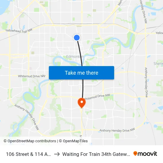 106 Street & 114 Avenue to Waiting For Train 34th Gateway Blvd. map