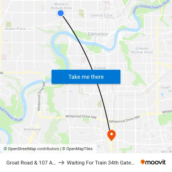 Groat Road & 107 Avenue to Waiting For Train 34th Gateway Blvd. map