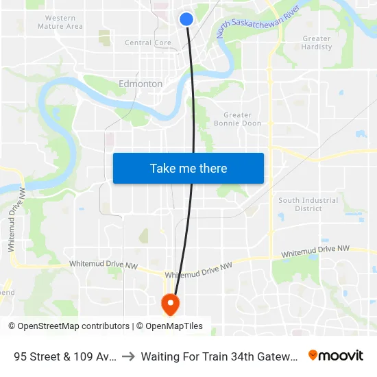 95 Street & 109 Avenue to Waiting For Train 34th Gateway Blvd. map
