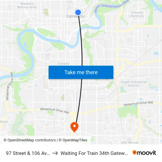 97 Street & 106 Avenue to Waiting For Train 34th Gateway Blvd. map