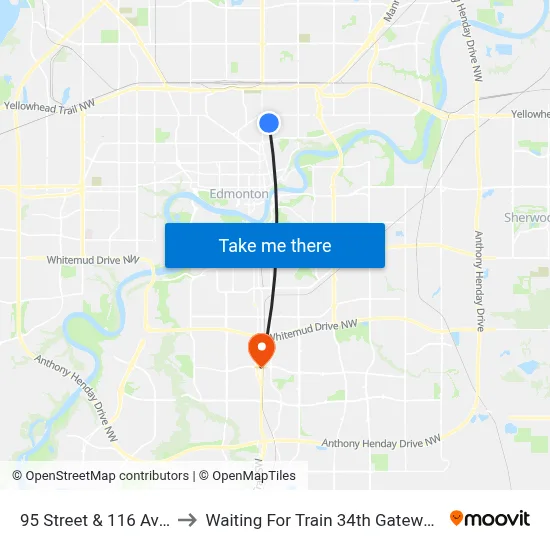 95 Street & 116 Avenue to Waiting For Train 34th Gateway Blvd. map