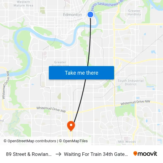 89 Street & Rowland Road to Waiting For Train 34th Gateway Blvd. map
