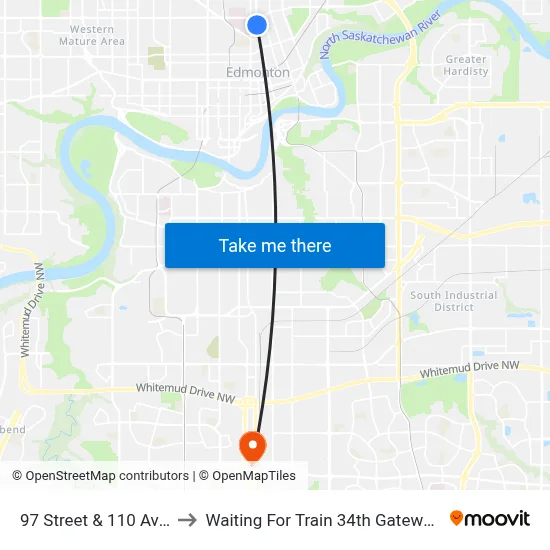 97 Street & 110 Avenue to Waiting For Train 34th Gateway Blvd. map