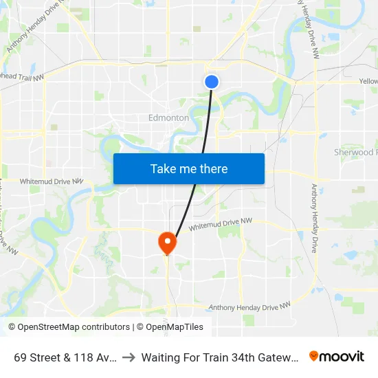 69 Street & 118 Avenue to Waiting For Train 34th Gateway Blvd. map