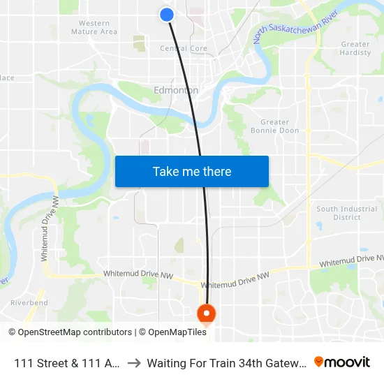 111 Street & 111 Avenue to Waiting For Train 34th Gateway Blvd. map