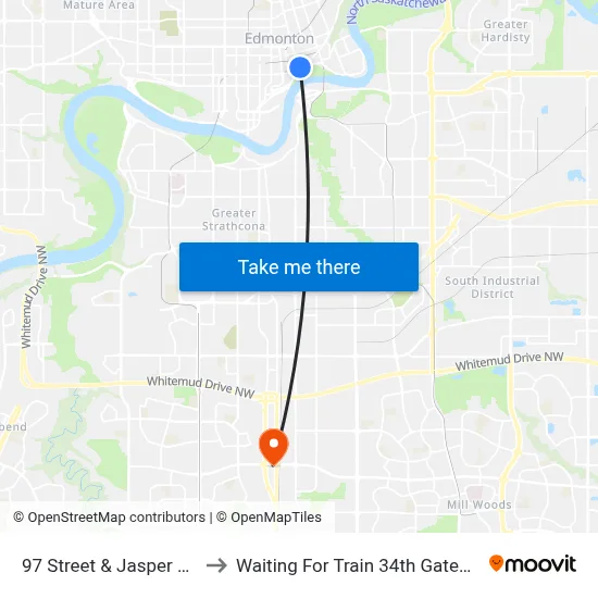 97 Street & Jasper Avenue to Waiting For Train 34th Gateway Blvd. map