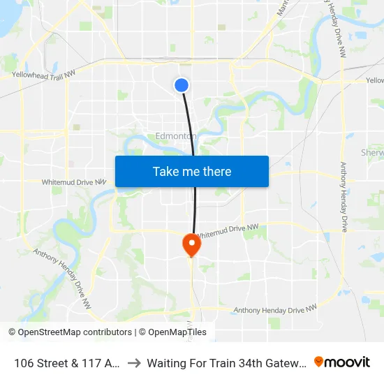 106 Street & 117 Avenue to Waiting For Train 34th Gateway Blvd. map