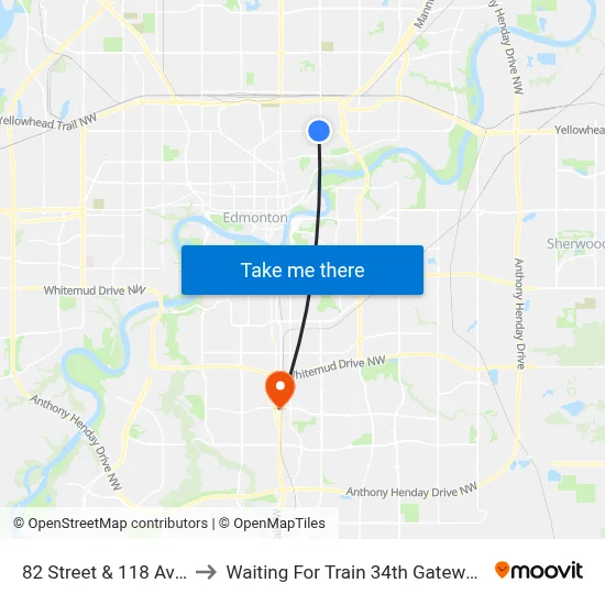 82 Street & 118 Avenue to Waiting For Train 34th Gateway Blvd. map