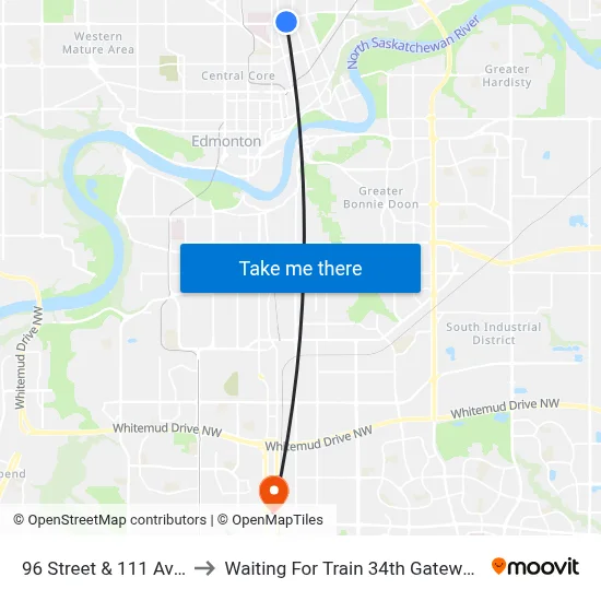 96 Street & 111 Avenue to Waiting For Train 34th Gateway Blvd. map