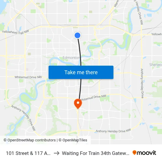 101 Street & 117 Avenue to Waiting For Train 34th Gateway Blvd. map