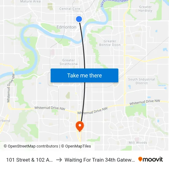 101 Street & 102  Avenue to Waiting For Train 34th Gateway Blvd. map