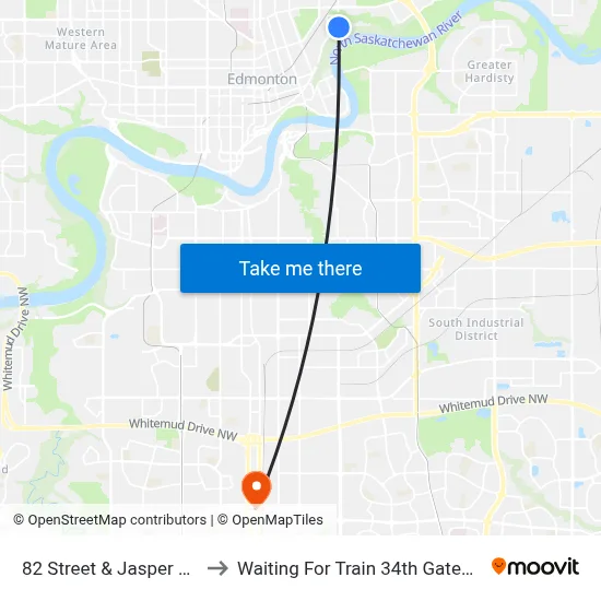 82 Street & Jasper Avenue to Waiting For Train 34th Gateway Blvd. map