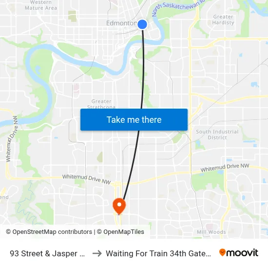 93 Street & Jasper Avenue to Waiting For Train 34th Gateway Blvd. map