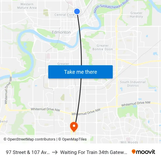 97 Street & 107 Avenue to Waiting For Train 34th Gateway Blvd. map