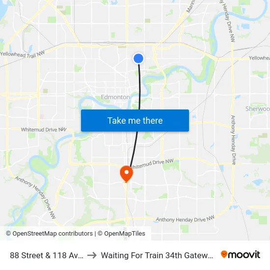 88 Street & 118 Avenue to Waiting For Train 34th Gateway Blvd. map