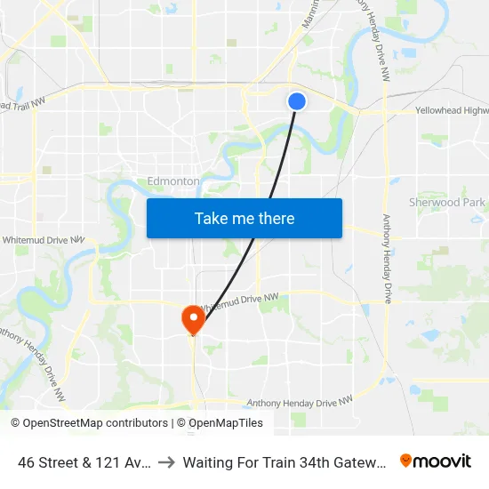 46 Street & 121 Avenue to Waiting For Train 34th Gateway Blvd. map