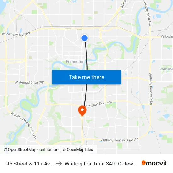 95 Street & 117 Avenue to Waiting For Train 34th Gateway Blvd. map