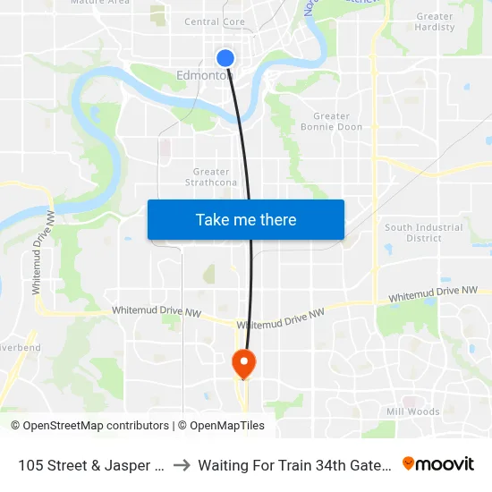 105 Street & Jasper Avenue to Waiting For Train 34th Gateway Blvd. map