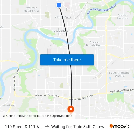 110 Street & 111 Avenue to Waiting For Train 34th Gateway Blvd. map