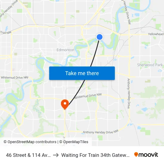 46 Street & 114 Avenue to Waiting For Train 34th Gateway Blvd. map