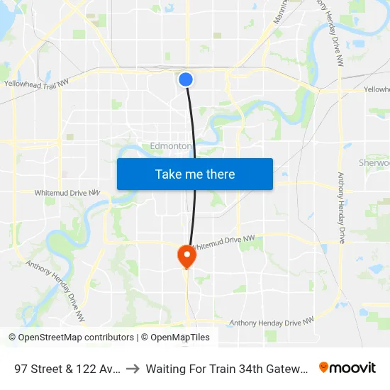 97 Street & 122 Avenue to Waiting For Train 34th Gateway Blvd. map