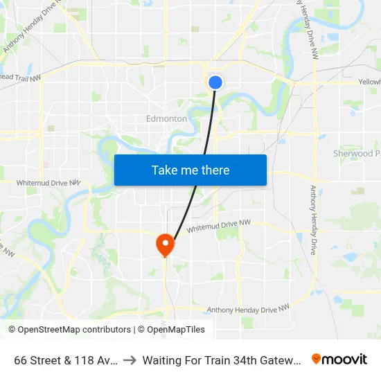 66 Street & 118 Avenue to Waiting For Train 34th Gateway Blvd. map
