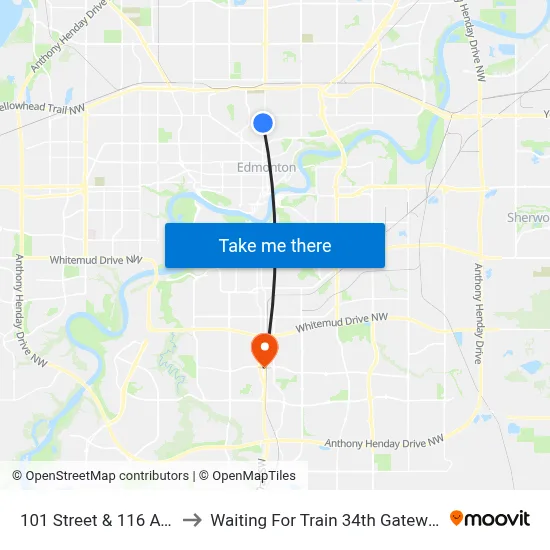 101 Street & 116 Avenue to Waiting For Train 34th Gateway Blvd. map