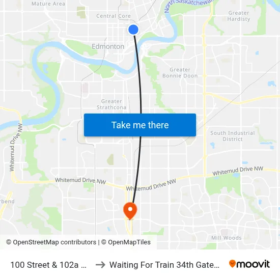 100 Street & 102a Avenue to Waiting For Train 34th Gateway Blvd. map