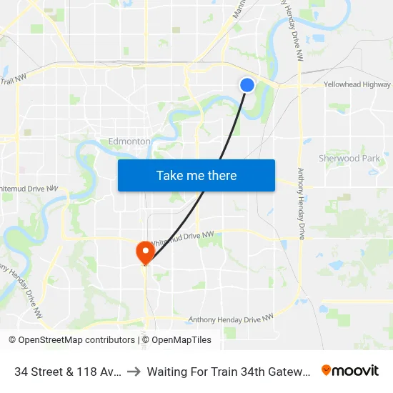 34 Street & 118 Avenue to Waiting For Train 34th Gateway Blvd. map