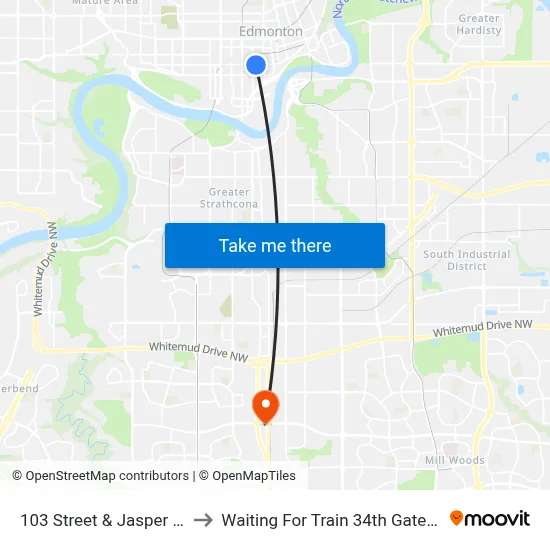 103 Street & Jasper Avenue to Waiting For Train 34th Gateway Blvd. map