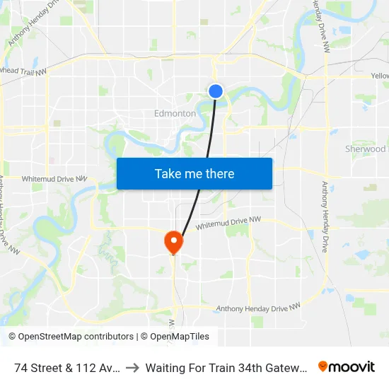 74 Street & 112 Avenue to Waiting For Train 34th Gateway Blvd. map