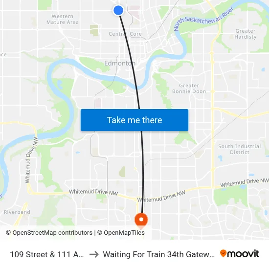 109 Street & 111 Avenue to Waiting For Train 34th Gateway Blvd. map